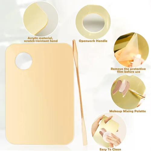 Miniatura 2 de CANIPHA Paleta de mezcla de maquillaje acrílico con 2 espátulas de maquillaje, bandeja de mezcla de base dorada, mezclador de paleta cosmética