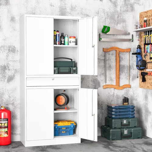 Miniatura 8 de Armario de almacenamiento de metal, archivador alto con 2 estantes ajustables y cajón, gabinete de herramientas de acero con cerradura para oficina