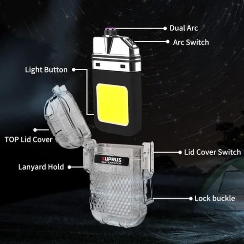Miniatura 2 de SUPRUS Mechero impermeable de 3 modos de linterna, encendedor resistente al viento, eléctrico de arco doble recargable, encendedor de plasma de arco