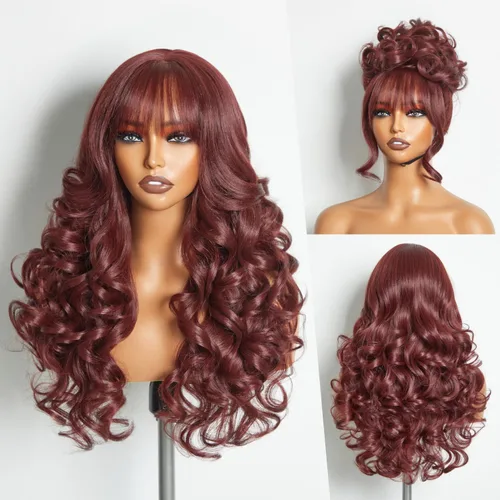 Miniatura 10 de GORGIUS Pelucas negras con flequillo, peluca ondulada larga de color negro natural sin pegamento para mujer, hecha con tecnología de archivo: fibra