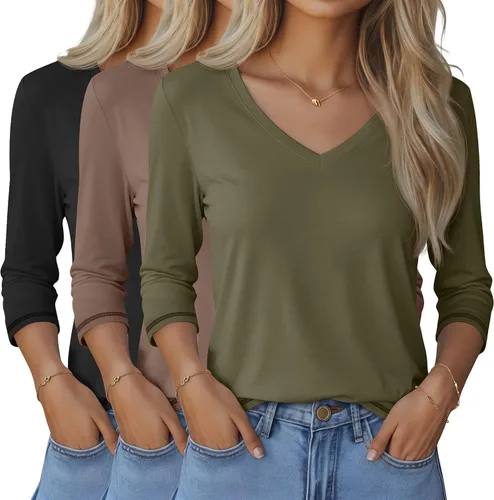 Miniatura 10 de Ficerd Paquete de 3 camisetas de manga 3/4 para mujer, cuello en V, blusas holgadas, blusas casuales, ropa de moda 2026