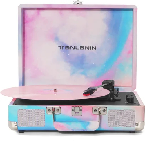 Reproductor de discos de vinilo acuarela con control de agudos y graves, tocadiscos portátil vintage de 3 velocidades con Bluetooth en maleta con