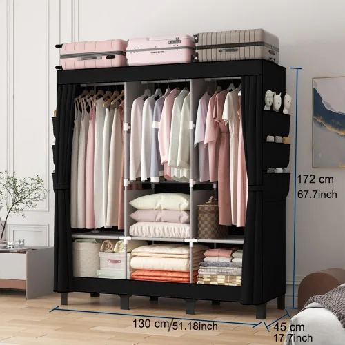 Miniatura 8 de Armario portátil, caja de almacenamiento de ropa, armario simple para colgar ropa, múltiples estantes y 3 barras, 6 bolsillos laterales (negro)