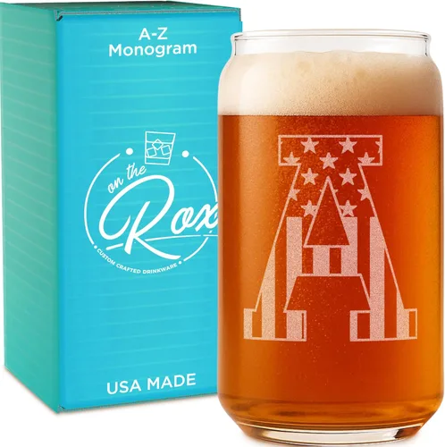 Miniatura 10 de Vaso en forma de lata de cerveza con monograma grabado - bandera de EE.UU.