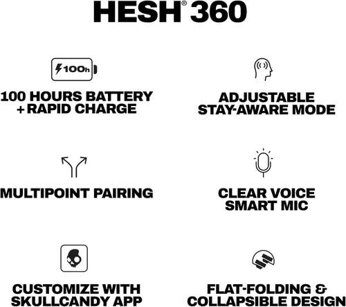Miniatura 10 de Skullcandy Hesh 360 Wireless Over-Ear Bluetooth Headphones, Up to 100 Hours Battery, Noise Isolating Fit, Flat-Folding Collapsible Design