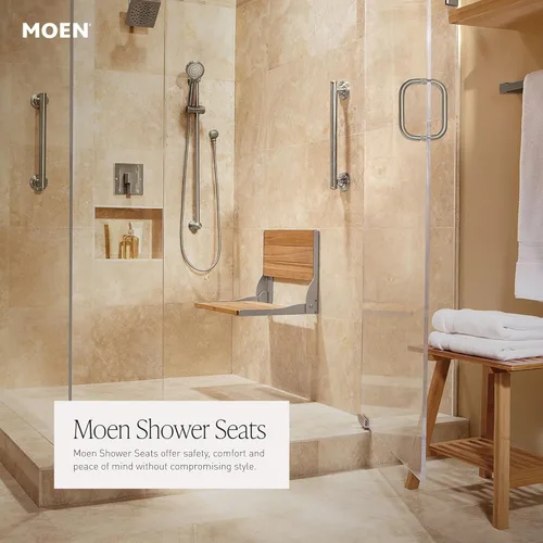 Miniatura 7 de Moen Muebles de seguridad para el baño, asiento de ducha plegable de aluminio de madera de teca, banco de ducha montado en la pared, DN7110