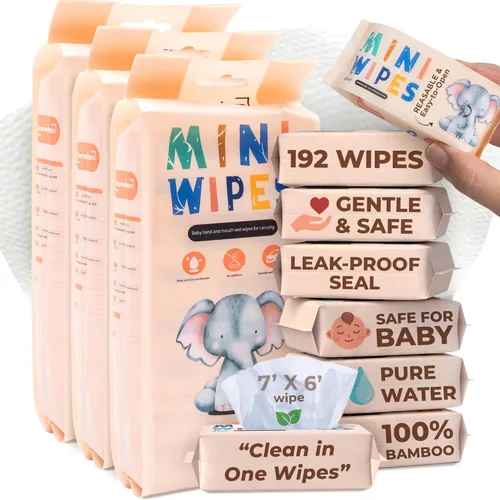 Miniatura 10 de Toallitas de viaje para bebé, 100% bambú a base de plantas, seguras para bebés y piel sensible, sin perfume, sin alcohol, hipoalergénicas, a prueba