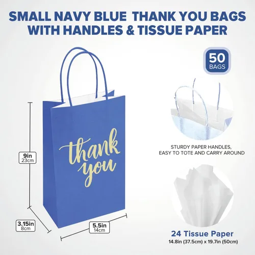 Miniatura 4 de DjinnGlory Paquete de 50 bolsas de papel azul marino de tamaño pequeño con papel de seda blanco de 9 x 5.5 x 3.15 pulgadas, bolsas de regalo