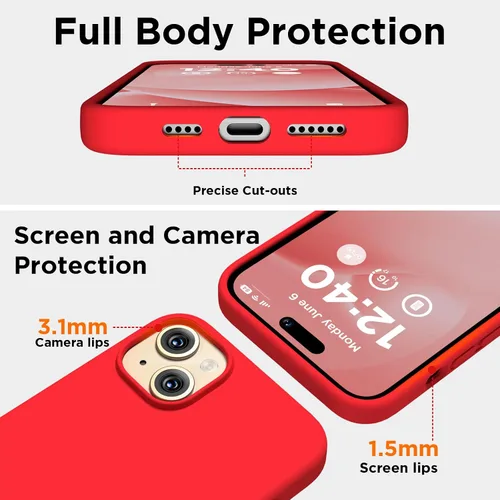 Miniatura 3 de Funda de silicona para iPhone 15 Plus, cubierta protectora resistente a golpes de cuerpo completo, forro de microfibra suave antiarañazos, funda Rojo