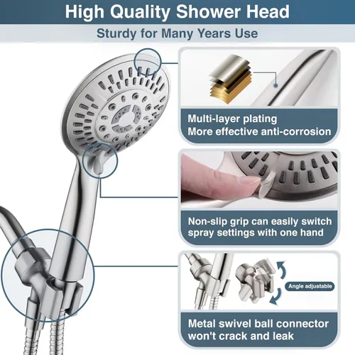 Miniatura 5 de BRIGHT SHOWERS Cabezal de ducha de mano con 9 ajustes de pulverización con cabezal de ducha de mano de níquel cepillado de alta presión con manguera