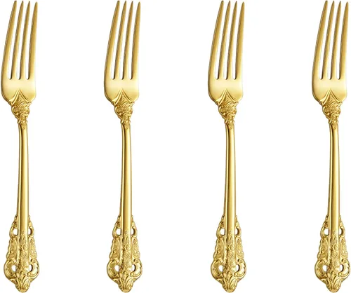KEAWELL Tenedores de aperitivo de lujo de 5.9 pulgadas, acero inoxidable 18/10, juego de 4, magníficos tenedores de cóctel/tenedores de postre Dorado
