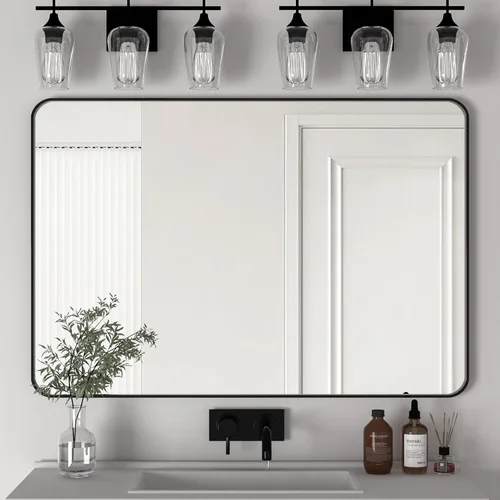Miniatura 16 de Manocorro - Espejo de baño de esquina redonda, 20 x 28 pulgadas, color plateado Lightweight,wall mounted,HD tempered glass,sturdy aluminum