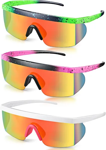 Fabbay 3 pares de lentes de sol de neón retro espejados de los años 80 y 90 s semi sin montura de lentes de sol de colores para deportes hombres y