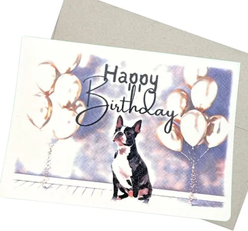 Groomers Margins Boston Terrier - Tarjeta de felicitación de cumpleaños (7 x 5 pulgadas, 1 tarjeta, interior en blanco), tarjeta de felicitación de