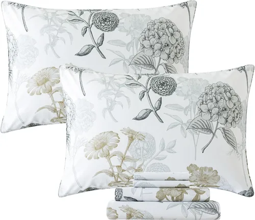 Miniatura 15 de FADFAY Juego de sábanas tamaño King, 100% algodón, elegante ropa de cama de granja con hojas verdes menta y flores blancas, sábana suave