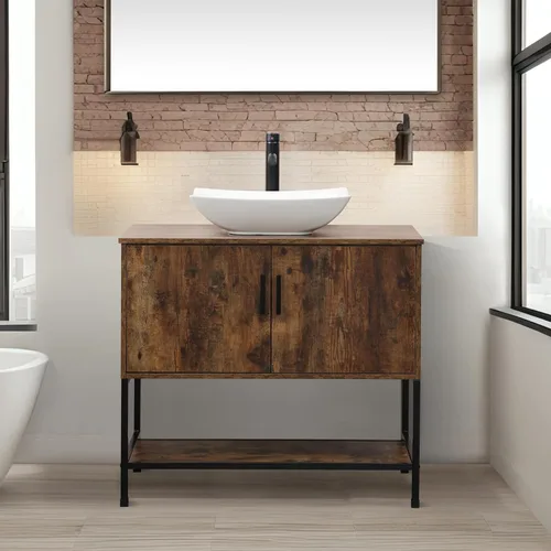 Miniatura 55 de UEV Tocador de Baño de Roble Rústico de 24" con Lavabo, Conjunto de Gabinete de Baño con Marco de Hierro Industrial con Puertas y Estante, con Combo