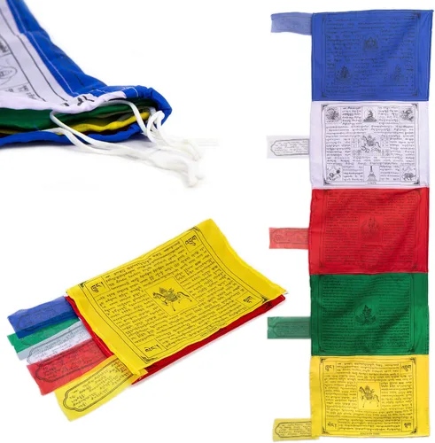 Banderas de oración tibetanas verticales - Decoración al aire libre banderas impresas a mano, hechas a mano en Nepal Multicolor DHARCHOK