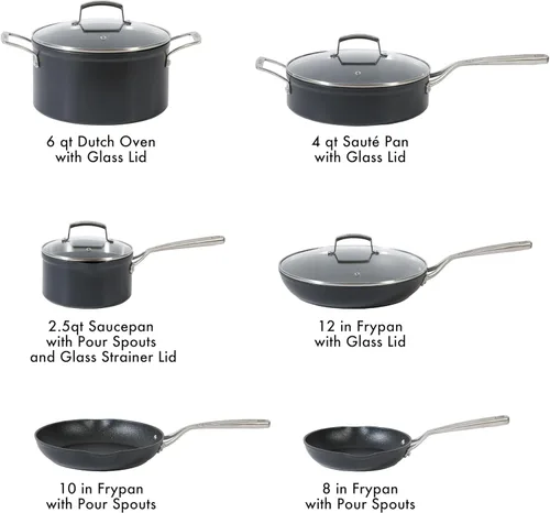 Miniatura 3 de Babish Juego de 10 Piezas de Ollas y Sartenes Anodizado Duro Láser Titanio Forever Tecnología Antiadherente Duradero - Negro Negro