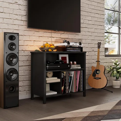 Miniatura 6 de Soporte para tocadiscos, gabinete de almacenamiento de discos de vinilo de mediados de siglo, soporte para tocadiscos de 3 niveles, soporte