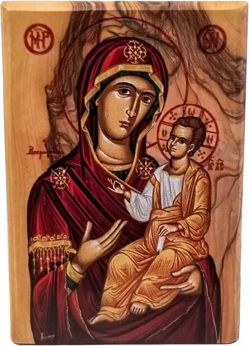 Logos Trading Post Icono a todo color de madera de olivo de tierra santa de Israel, Virgen María de Jerusalén, placa de icono de madera hecha a mano