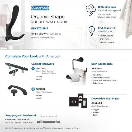Miniatura 6 de Amerock HBX37013MB - Gancho decorativo de pared de triple punta, color negro mate para abrigos, sombreros, mochilas, bolsos, ganchos para baño, Mate