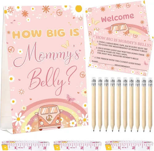 Miniatura 8 de 64 juegos de Guess Baby Shower incluyen How Big is Mommy's Belly Sign 50 tarjetas de adivinanzas, 10 lápices, 3 cintas métricas para medir