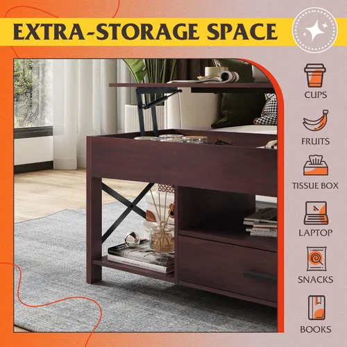Miniatura 7 de WLIVE Mesa auxiliar elevable, mesa auxiliar de 39 pulgadas con cajones de almacenamiento, compartimento oculto, mesa central de madera para sala