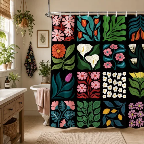 Cortina de ducha retro floral vintage, patrón geométrico lindo floral abstracto, decoración de baño negro, divertido botánico, bohemio, estético,