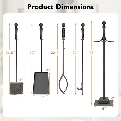Miniatura 3 de IRONMAX Juego de herramientas para chimenea de 5 piezas, herramientas de hierro de 26 pulgadas con soporte, póquer, pinzas, cepillo y pala