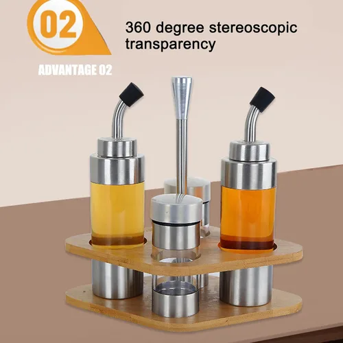 Miniatura 3 de Cyrank Juego de salero y pimienta, dispensador de aceite de oliva y vinagre con soporte de madera, dispensador de especias de vidrio para el hogar