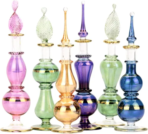 NileCart Botellas de perfume egipcias sopladas a mano con decoración egipcia dorada hecha a mano para perfumes y aceites esenciales (6)