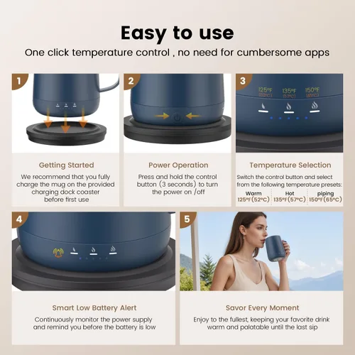Miniatura 5 de Taza de café inteligente con autocalentamiento, taza de café de control de temperatura de 14 oz, se calienta hasta 150°F, taza de café con Azul