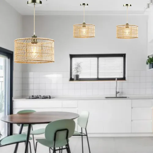 Miniatura 5 de HOONEX Candelabro de ratán, lámparas de techo de ratán, lámpara colgante de mimbre de 12.4 pulgadas para comedor, dormitorio, isla de cocina, natural