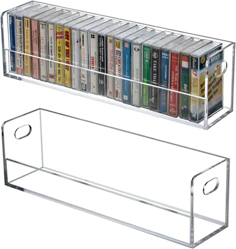 MyGift Moderno soporte de casetes compacto de acrílico transparente de alta calidad con asas de transporte recortadas, casete de audio retro, cintas