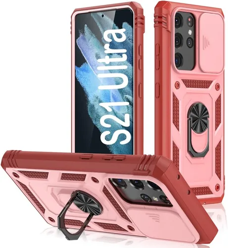 Miniatura 18 de PASNEW Funda para Samsung Galaxy S22 Ultra 5G, cubierta de cámara deslizante y soporte de dedo de metal giratorio de 360°, militar, resistente, a