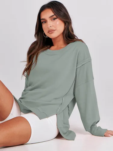 Miniatura 9 de ANRABESS Sudadera de gran tamaño para mujer, cuello redondo, manga larga, casual, con abertura, sin botones, ropa de otoño