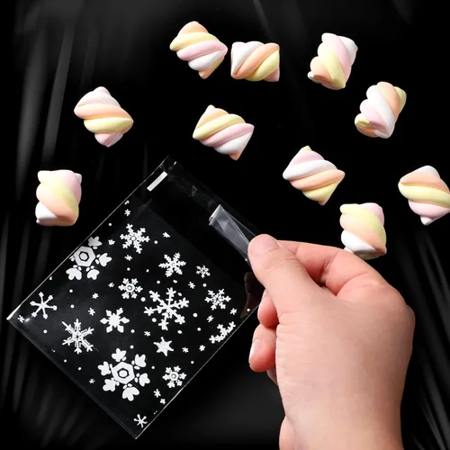 Miniatura 9 de Yinder 500 bolsas de invierno para galletas de invierno, bolsa de celofán con copos de nieve, bolsa de dulces autoadhesiva para suministros de Blanco