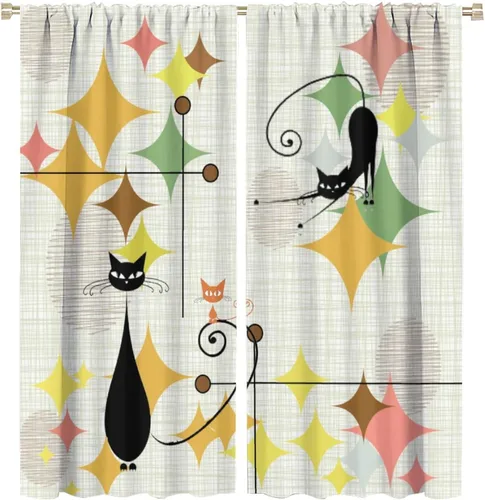Miniatura 58 de Cortinas de estilo de mediados de siglo, diseño geométrico abstracto moderno, diseño retro, estampado de gato negro, para dormitorio, sala de estar
