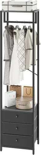 YMYNY Percheros con cajones, organizador de armario alto independiente con 3 cajones de tela, soporte de ropa para colgar camisas, abrigo, 15.35