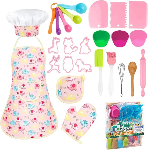 KAEGREEL Juego de chef de elefante para hornear para niños, 26 piezas de juego de cocina para niños con delantal y sombrero de elefante, suministros