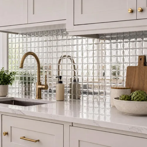 Miniatura 3 de Lovdeco Azulejo de Mosaico de Vidrio Espejo Adhesivo de 2 pulgadas, 9 Caras Biseladas de Cristal Plateado para Salpicadero de Cocina, 12 x 10 Plata