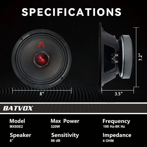 Miniatura 3 de MX80E2 - Altavoz de rango medio de 8 pulgadas, bala roja, 640 W máximo, 4 ohmios, altavoces de puerta de audio de alta calidad para coche o camión