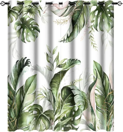 Miniatura 30 de Cortinas abstractas de hojas tropicales, acuarela tropical, hojas de palma, verano hawaiano, plátano, aislamiento térmico, cortinas completas