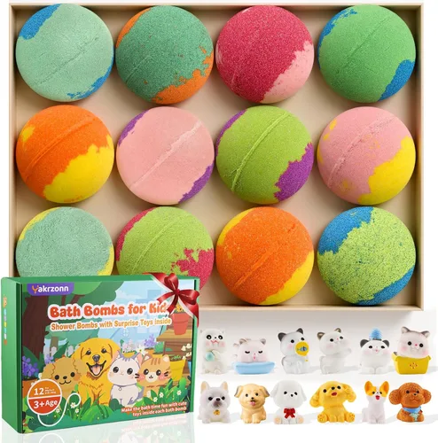 Bombas de baño para niños con juguetes sorpresa en el interior, 12 bombas de baño para niños con juguetes de gato y perro, bombas de baño naturales