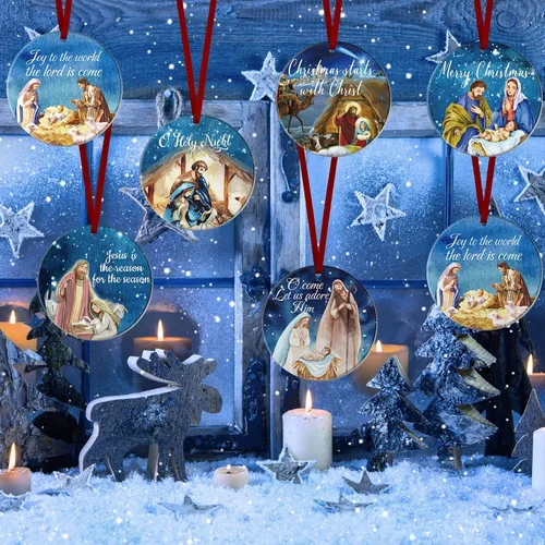 Miniatura 6 de Karenhi 6 piezas de adornos navideños de escena del nacimiento de Jesús, regalos religiosos, adorno navideño colgante de cerámica, escena