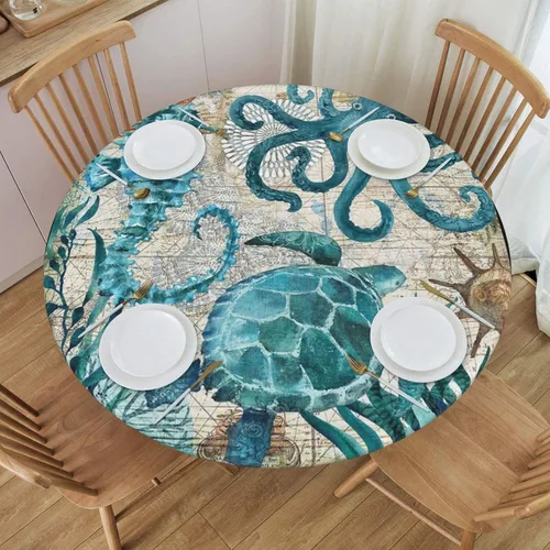 Miniatura 13 de Mantel ajustable con temática náutica con diseño de cangrejo, mapa de vida costero azul del océano, borde elástico, cubierta impermeable y lavable