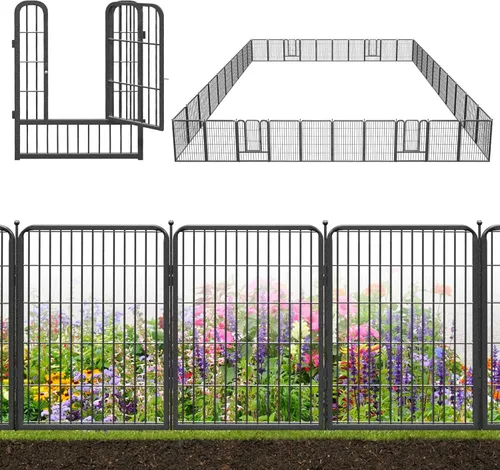 Miniatura 28 de Valla decorativa de metal negro para jardín con puerta, 82 pies de largo, 32 pulgadas de alto, 36 paneles de valla sin excavación, valla de barrera