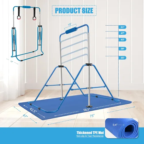 Miniatura 3 de Gymnastics Bar for Kids,Folding Gymnastic Training Kip Bar with Rings,Gymnastics Equipment for Kids,5-Level Adjustable Height Fitness Equipment for