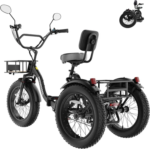 Miniatura 12 de MOONCOOL Triciclo eléctrico para adultos, marco de aluminio de neumático grueso de 1000 W, 4 pulgadas, batería de 48 V y 14.5 Ah, frenos de disco