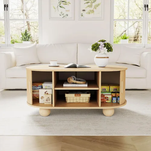 Miniatura 3 de Mesa auxiliar rectangular, mesas de centro acanaladas para sala de estar, mesa de centro de mediados de siglo con almacenamiento y puertas Natural